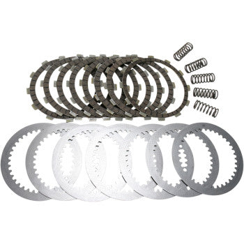 The Clutch Kit by Ebc is shown neatly arranged on a white background, featuring multiple metal clutch plates, friction plates, and six durable clutch springs.