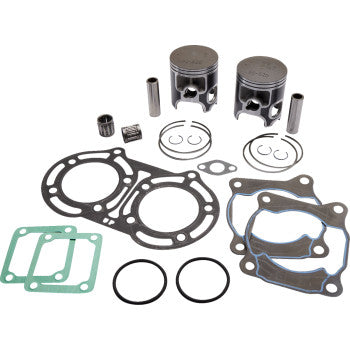 The Yamaha Top End Rebuild Kit 65.00 mm Platinum Series by Wsm includes two pistons, racing needle bearings, piston pins, circlips, gaskets, and O-rings—all arranged on a white background.