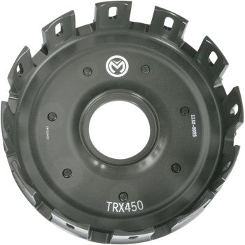 The Clutch Basket by Moose Offroad is a black billet aluminum clutch basket with multiple edge slots, labeled TRX450 at the bottom, plus other model markings printed for enhanced wear resistance.