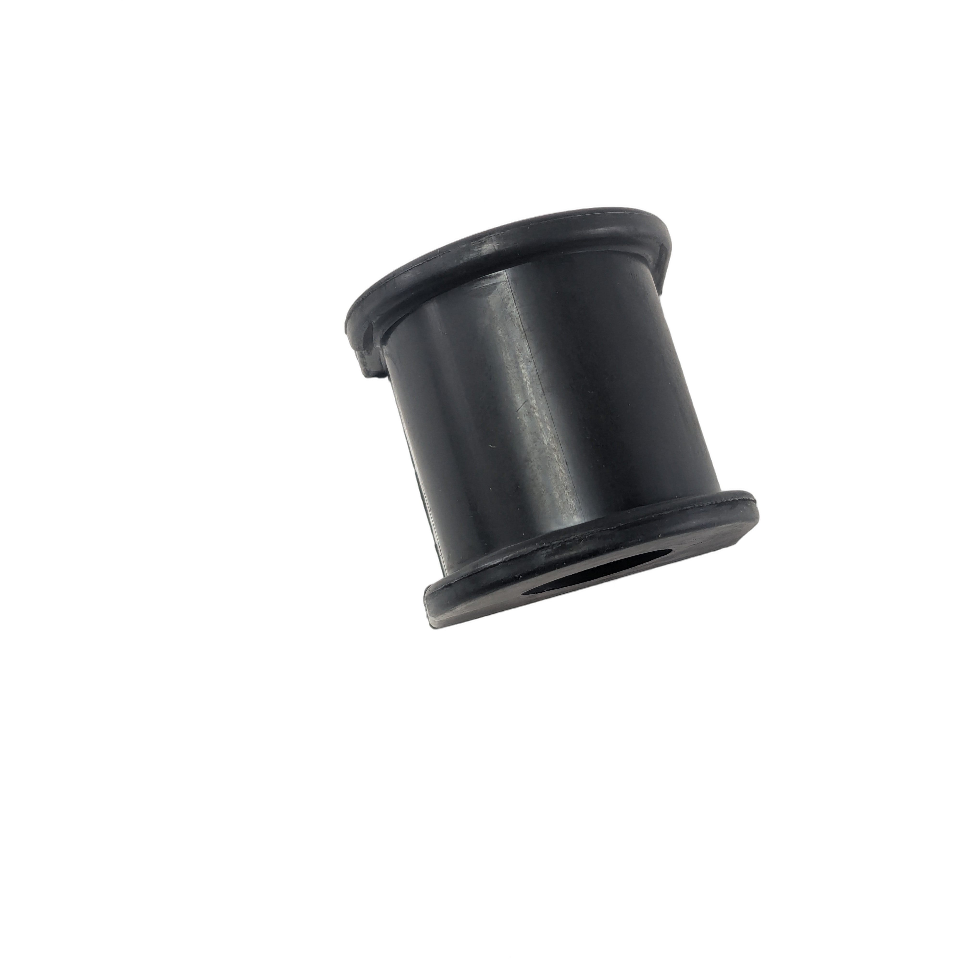 A black cylindrical plastic Bushing, Stabilizer Front by Yamaha with flared ends, shown on a white background. Perfect OEM fit and performance for Yamaha UTVs—ideal replacement part for your off-road vehicle needs.