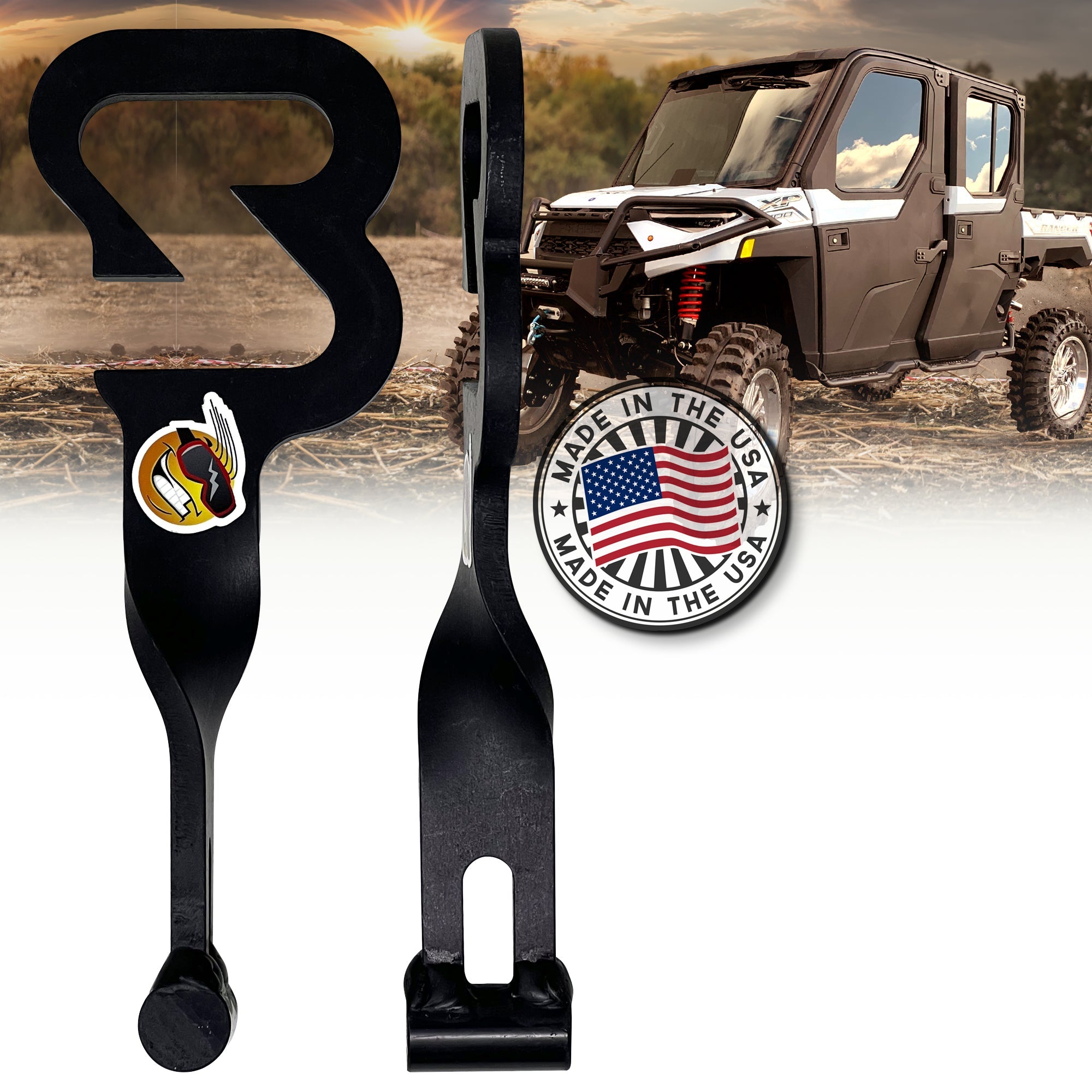 Two black metal Easy-Cool UTV Door Latches Ranger Style by Keep Smiling Powersports are shown from different angles with a sticker and Made in the USA badge; an off-road utility vehicle is parked on dirt—ideal for boosting airflow in your UTV cab.