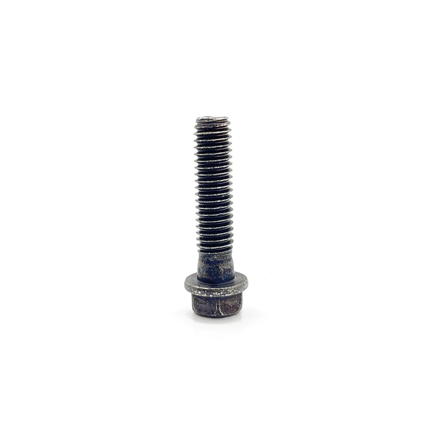 A Polaris Screw, 6 mm x 1.0 mm x 25 mm, stands upright with a washer against a plain white background. The screw shows signs of wear and features a partially threaded shaft.