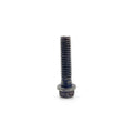 A Polaris Screw, 6 mm x 1.0 mm x 25 mm, stands upright with a washer against a plain white background. The screw shows signs of wear and features a partially threaded shaft.