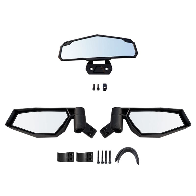 Set of three black-framed Polaris RZR side and rear view mirrors with mounting hardware, angled rectangular shapes.