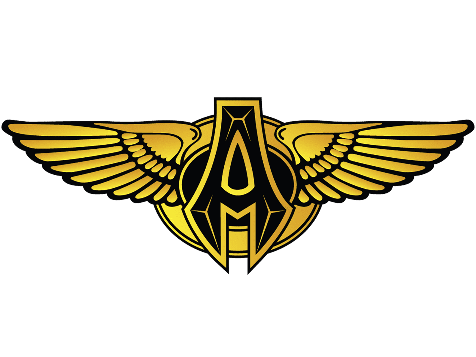 Black banner featuring a bold gold winged emblem with a stylized central “A” outlined in black.