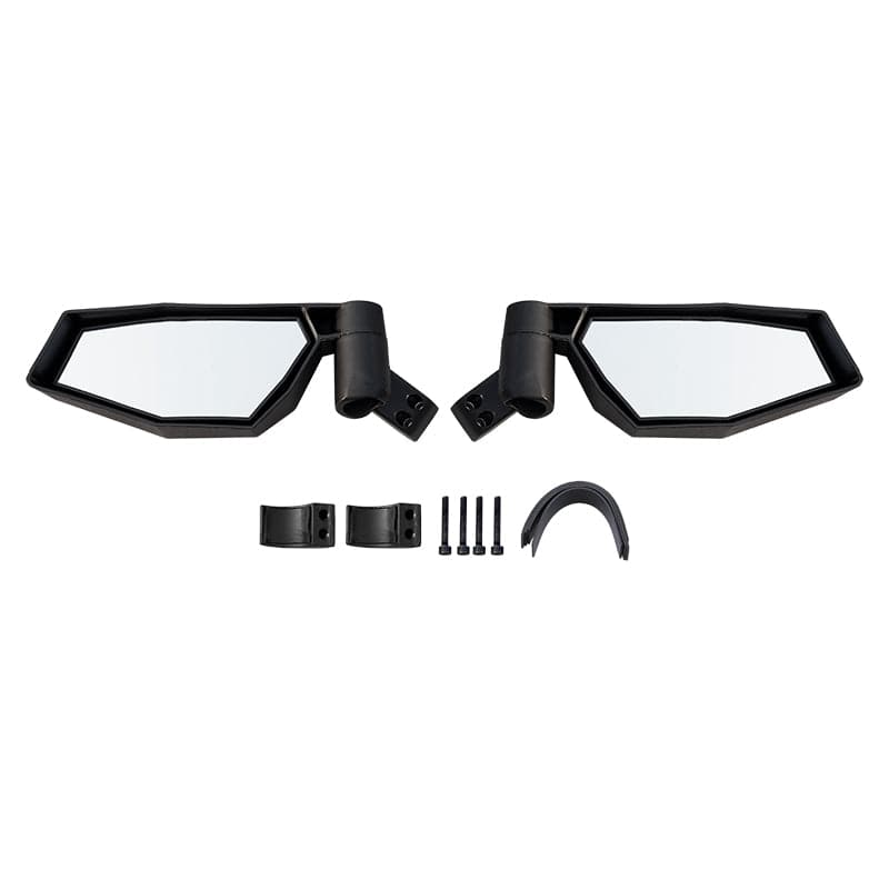 Pair of black angular side mirrors with mounting hardware for Polaris RZR XP 1000/4, featuring adjustable joints and durable