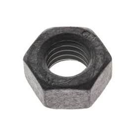 Hexagonal black metal nut with internal threading, size M10, matte finish.
