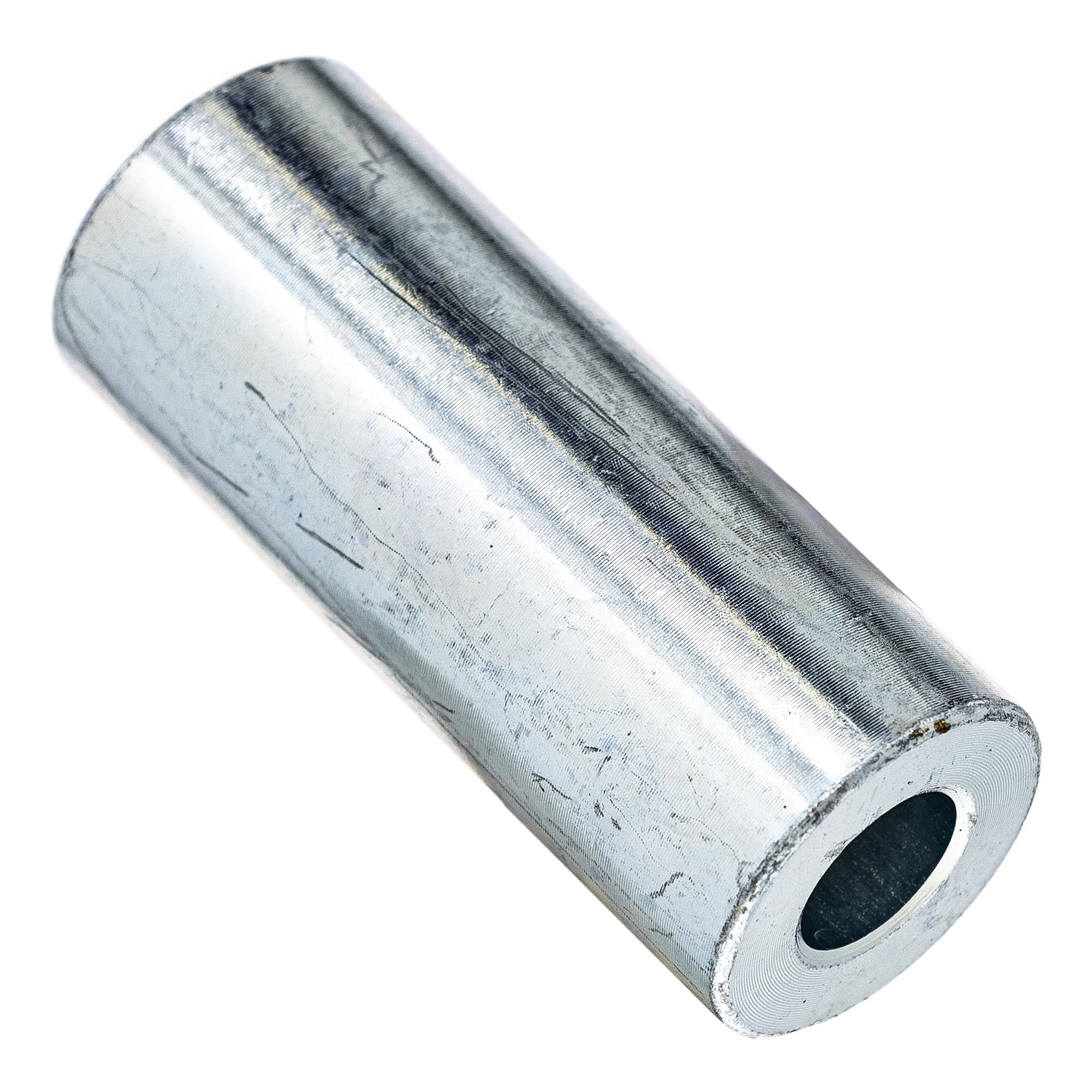 Metallic cylindrical sleeve with hollow center and smooth surface finish.
