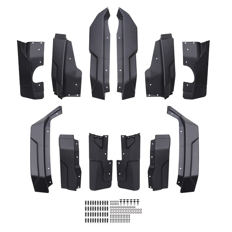 A set of Kemimoto Polaris Xpedition XP XP5/ADV ADV5 front and rear black fender flares with mounting screws and fasteners, arranged symmetrically on a white background, designed for off-road protection.