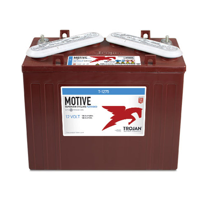 The Battery Trojan T1275 Legacy by Arctic Cat is a brown 12-volt deep-cycle battery with white and red labels, a red bird logo, and two white terminal caps—ideal as an OEM replacement for Arctic Cat vehicles.