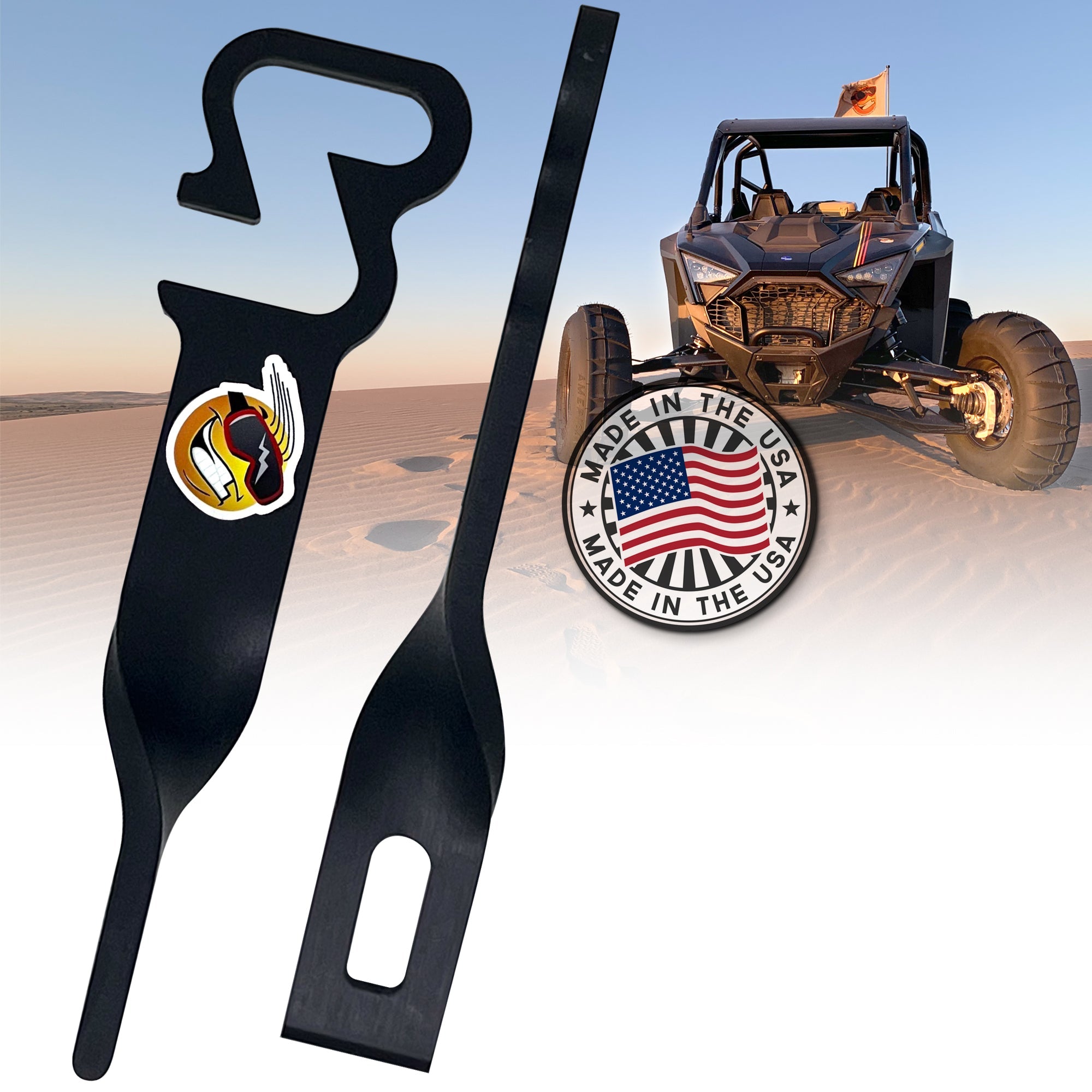 Two black metal tools with unique cutouts and a bird head logo; a Made in the USA badge. A dune buggy rests on sandy dunes at sunset—perfect as Easy-Cool UTV Door Latches Pro Style by Keep Smiling Powersports to boost airflow in your UTV.