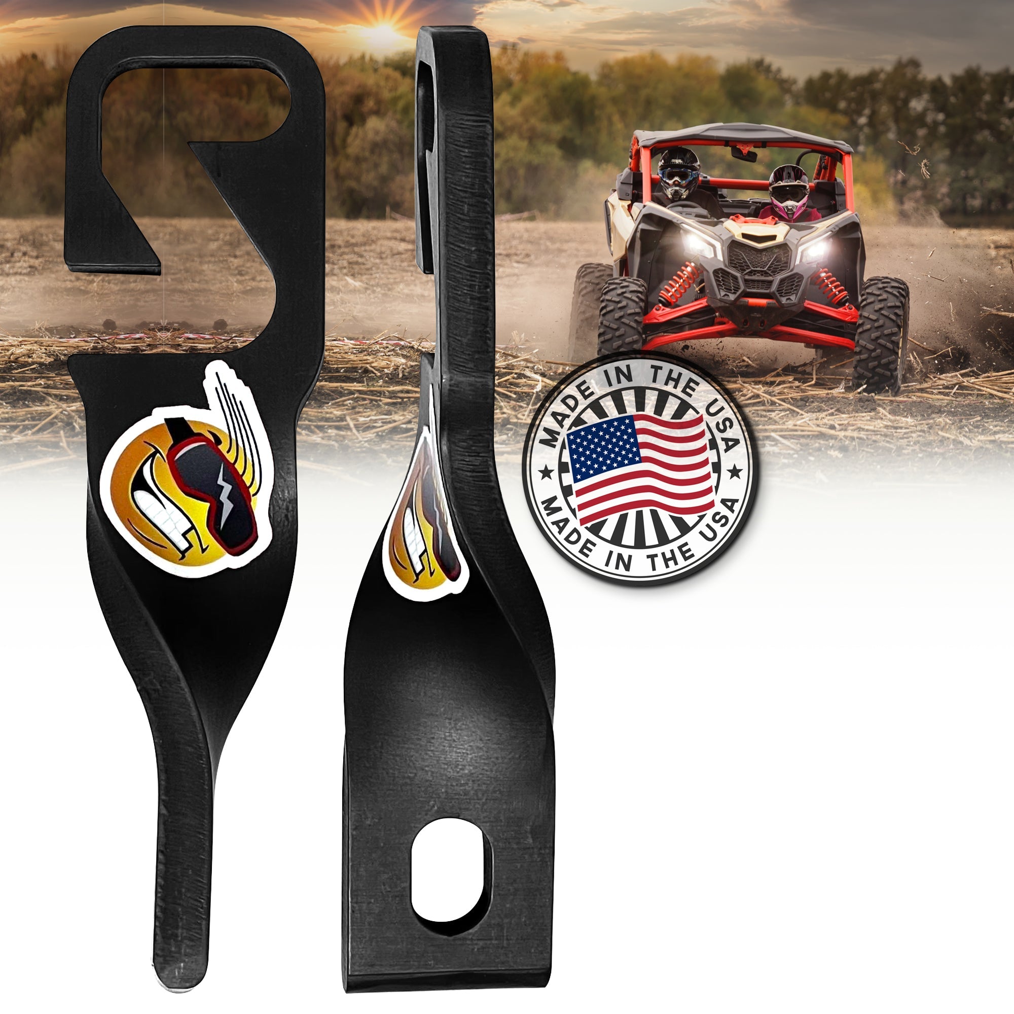 Two black metal Easy-Cool UTV Door Latches S-Style by Keep Smiling Powersports featuring a Viking helmet logo, shown with a Made in the USA badge. In the background, a red off-road vehicle highlights these enhanced airflow cab solutions.