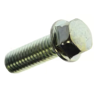 Hex flange bolt with silver metal finish and threaded shaft.