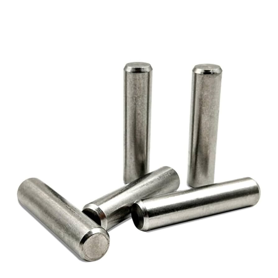 Five metallic cylindrical dowel pins, three upright and two lying horizontally on a white background—ideal as Roller Pin P 5X11.8 by CFMOTO for OEM parts and UTV accessories.