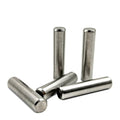 Five metallic cylindrical dowel pins, three upright and two lying horizontally on a white background—ideal as Roller Pin P 5X11.8 by CFMOTO for OEM parts and UTV accessories.