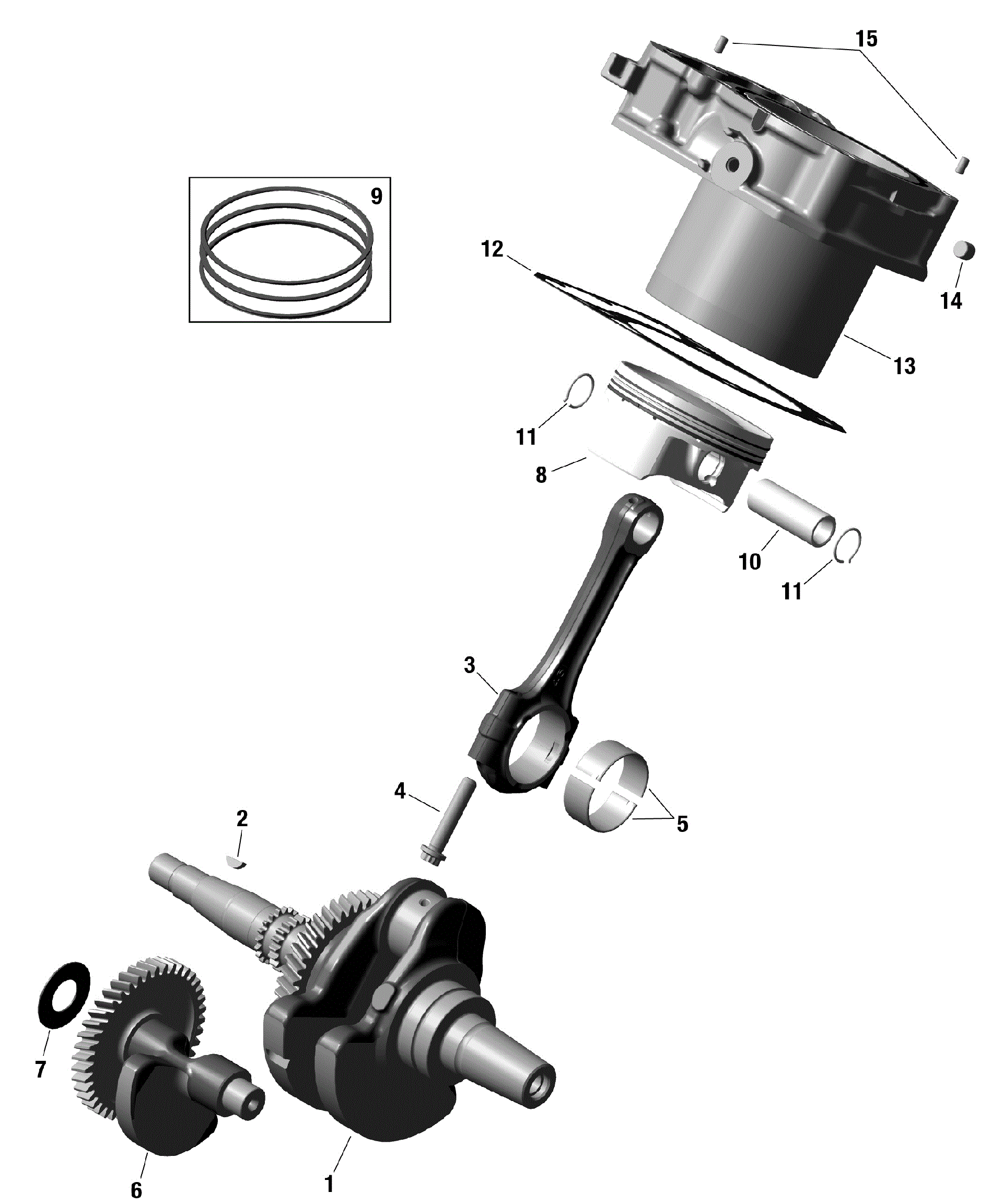 An Image of a Genuine Can-Am Parts Schematic Diagram showing the schematic - ROTAX - CRANKSHAFT PISTONS AND CYLINDER
