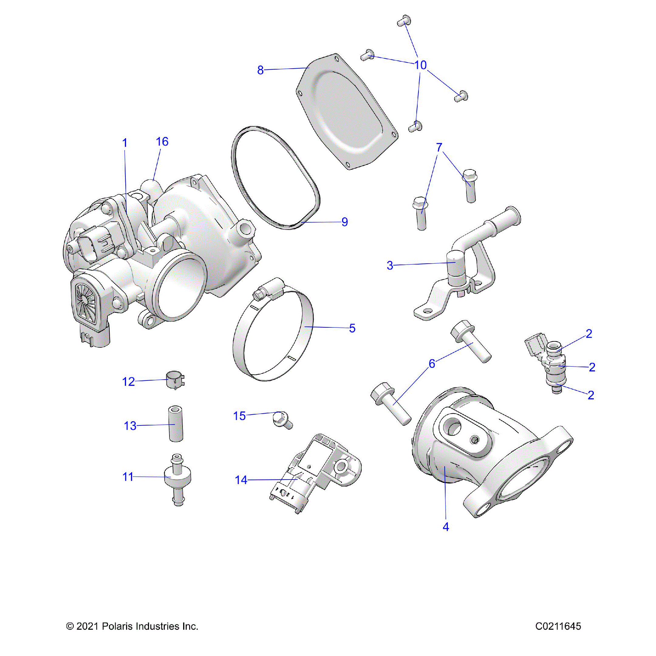 An Image of a Genuine Polaris Parts Schematic Diagram showing the schematic - ENGINE: THROTTLE BODY and FUEL RAIL - 2023 POLARIS SPORTSMAN 450 HO 50S