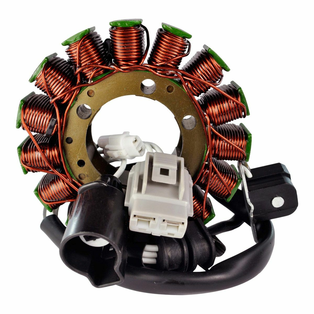 Copper wire-wound stator coil with green-tipped poles, mounted on a circular metal frame with attached black wiring harness.
