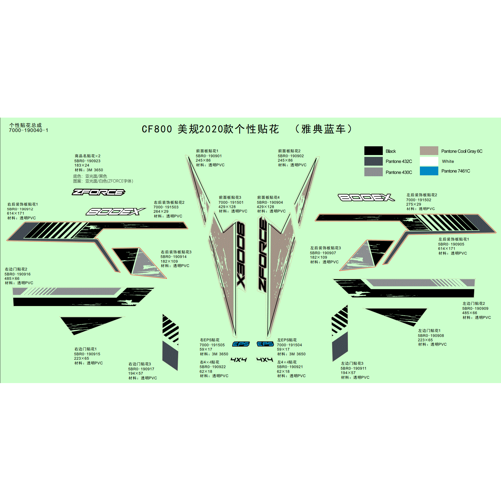 An Image of a Genuine CFMOTO Parts Schematic Diagram showing the schematic - DECAL KITS (ATHENS BLUE) - 2020 CFMOTO ZFORCE 800 EX