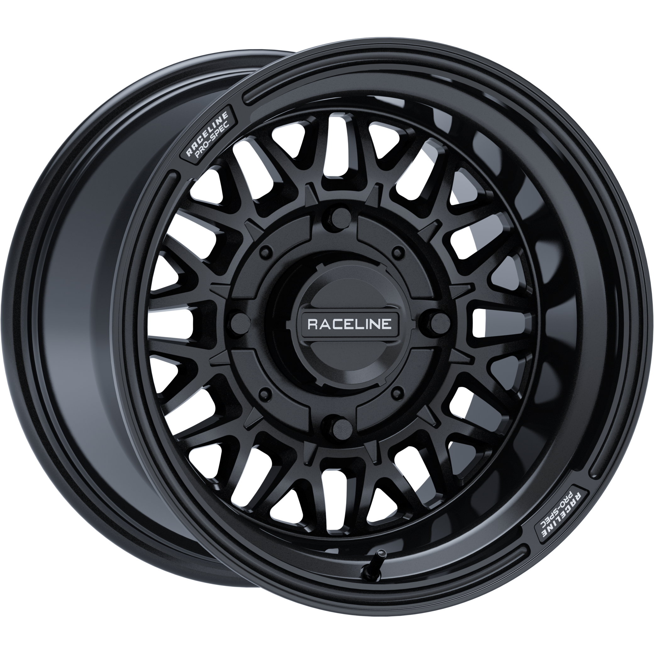 The ATV / UTV Raceline Omega 15X10 4/137 5+5 (0mm) wheel rim in gloss black features geometric cutouts, bold spokes, and the Raceline logo at center, shown at an angle to highlight both its face and depth.