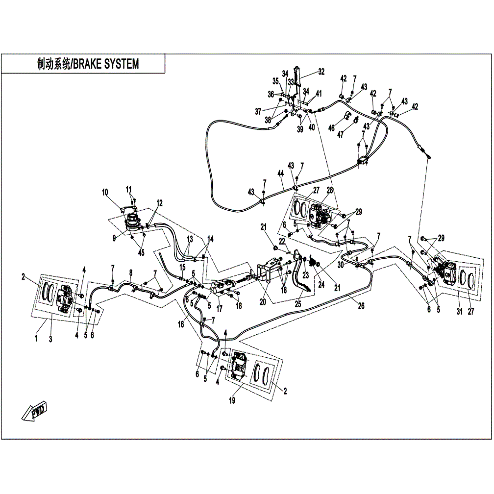 An Image of a Genuine CFMOTO Parts Schematic Diagram showing the schematic - BRAKE SYSTEM - 2022 CFMOTO UFORCE 600