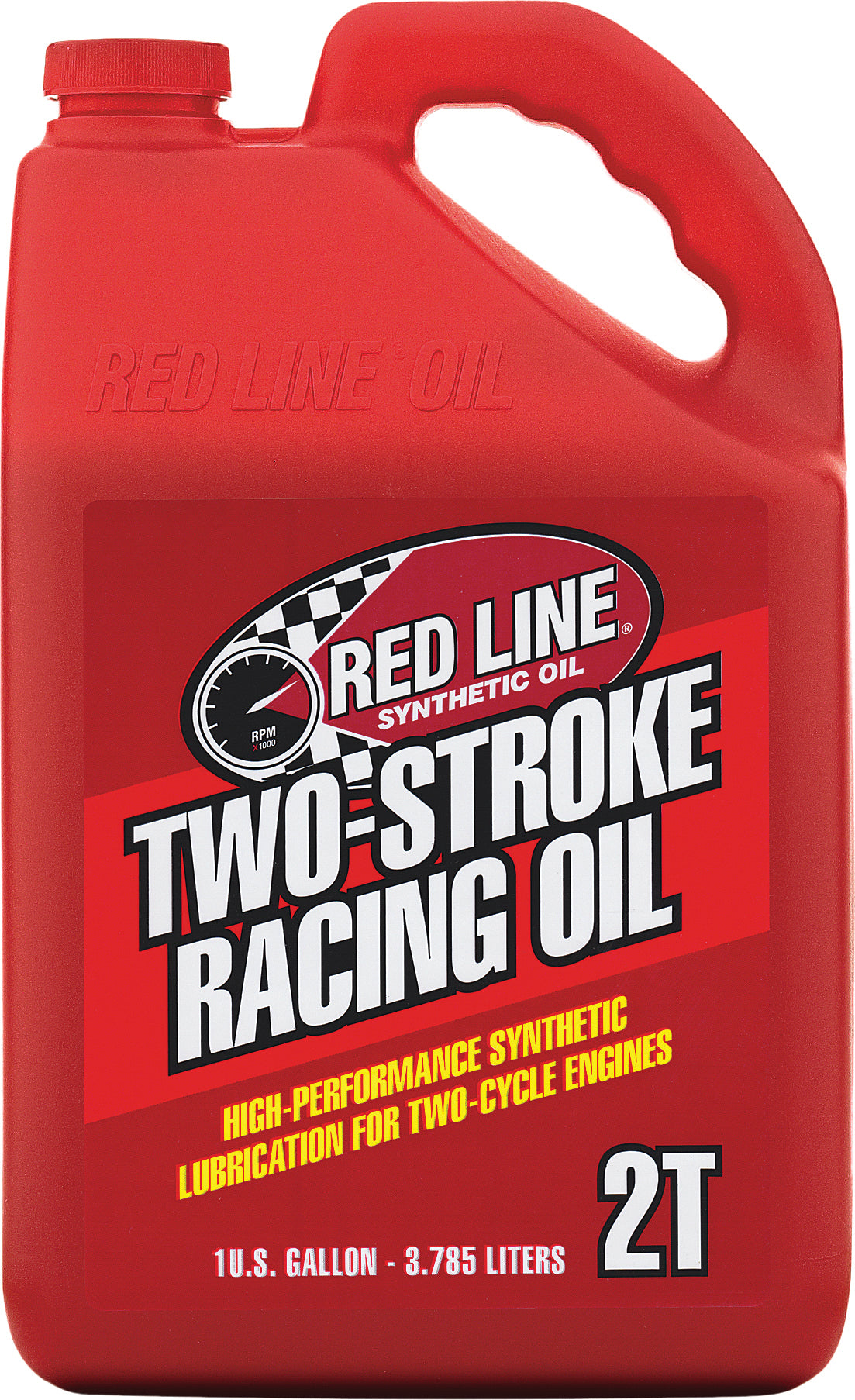 A red plastic 1-gallon (3.785 L) container of Racing Oil 2T by Red Line, a high-performance synthetic two-stroke oil for racing, offering high-temp stability and optimal lubrication in 2-cycle engines.