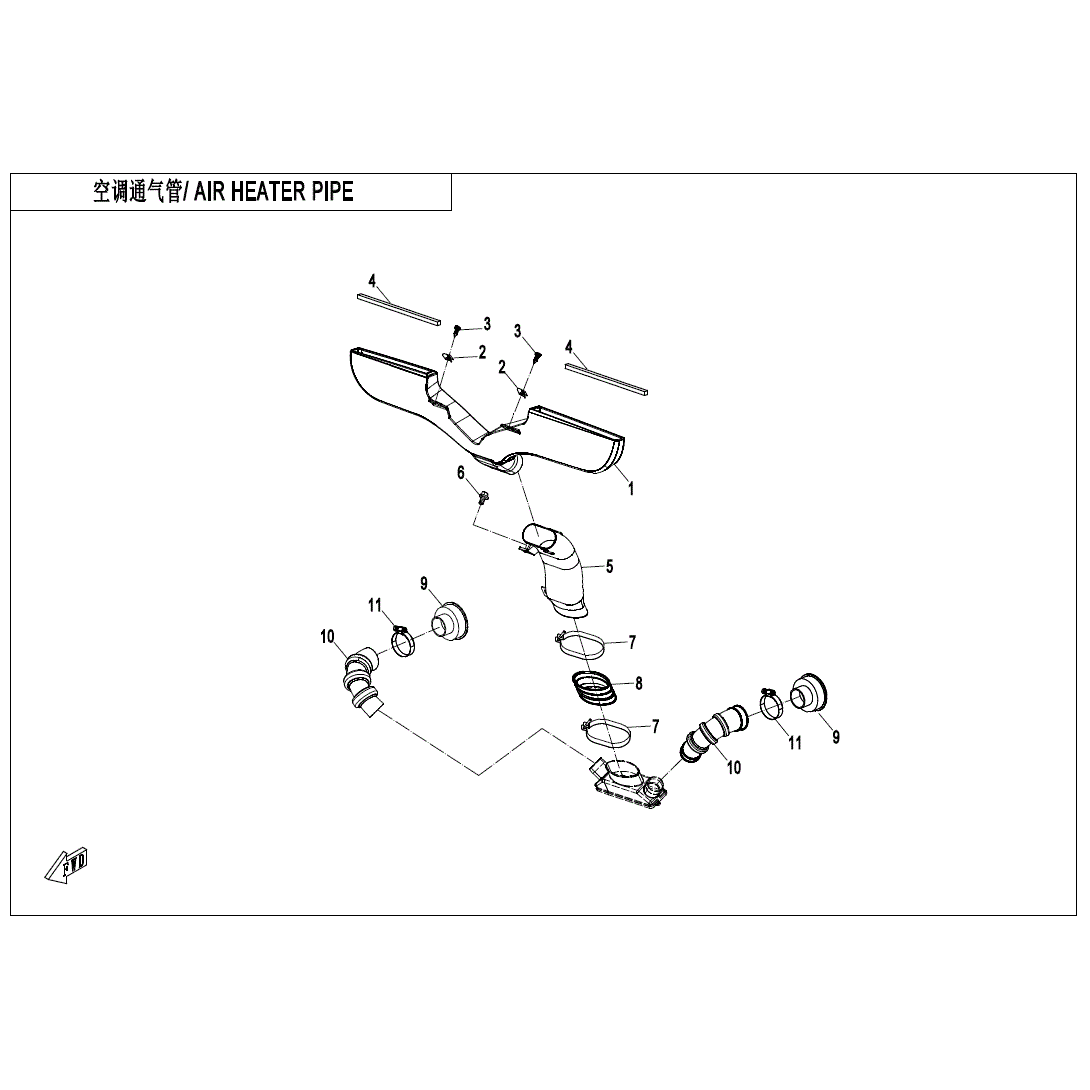An Image of a Genuine CFMOTO Parts Schematic Diagram showing the schematic - AIR HEATER PIPE - 2024 CFMOTO UFORCE 1000
