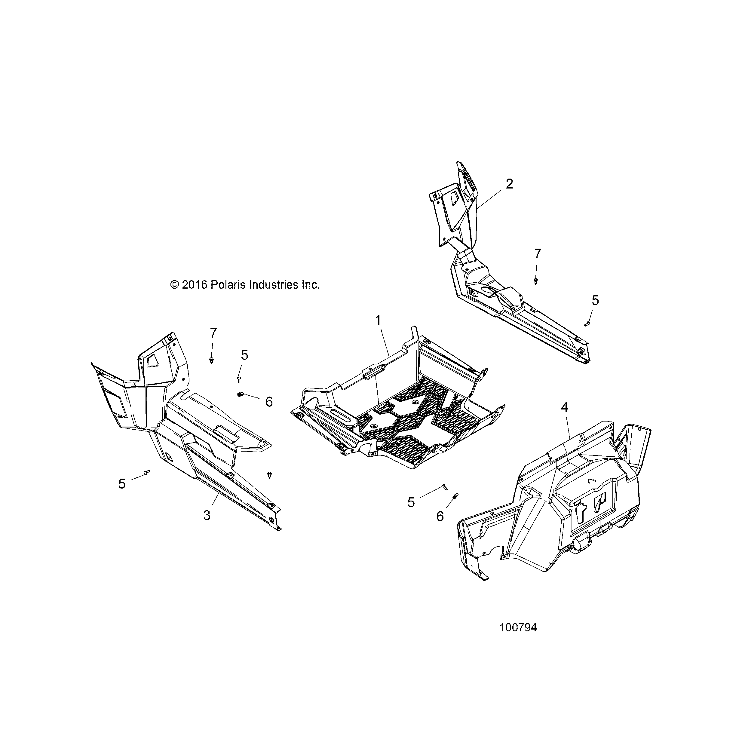 An Image of a Genuine Polaris Parts Schematic Diagram showing the schematic - BODY: FLOOR AND ROCKER PANELS - 2018 POLARIS ACE 150 EFI INDY