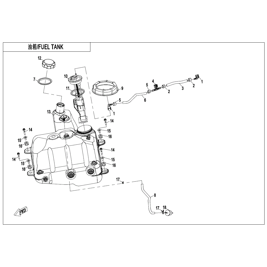 An Image of a genuine CFMOTO Parts Schematic Diagram showing the group - FUEL TANK (USA) - 2022 CFMOTO CFORCE 1000 Overland