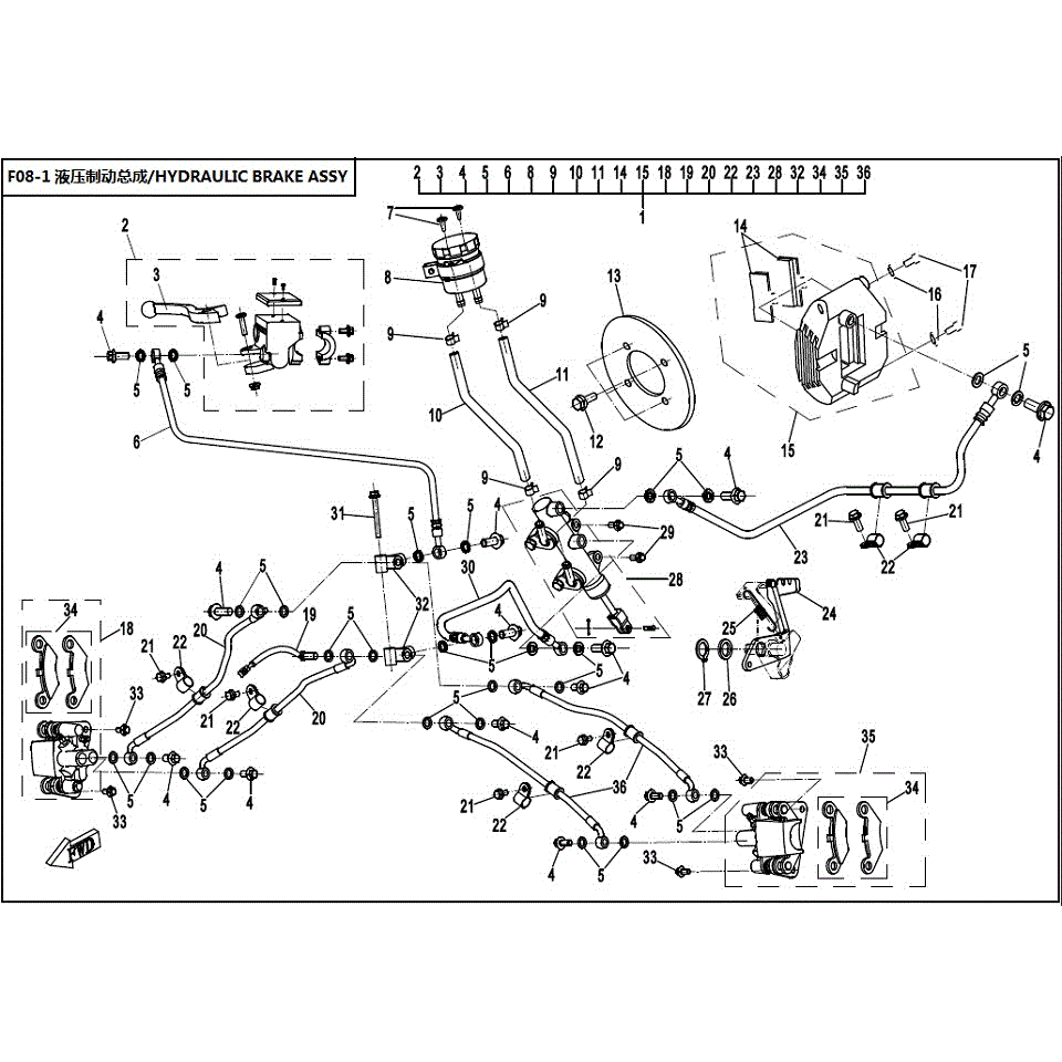An Image of a genuine CFMOTO Parts Schematic Diagram showing the group - HYDRAULIC BRAKE ASSY - 2017 CFMOTO CFORCE 400