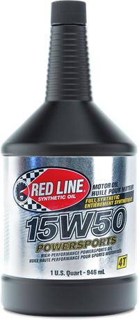 A 1-quart bottle of Red Line Powersports Engine Oil 15W50, formulated with ester base stocks for high-performance four-stroke motorcycles and wet clutches.