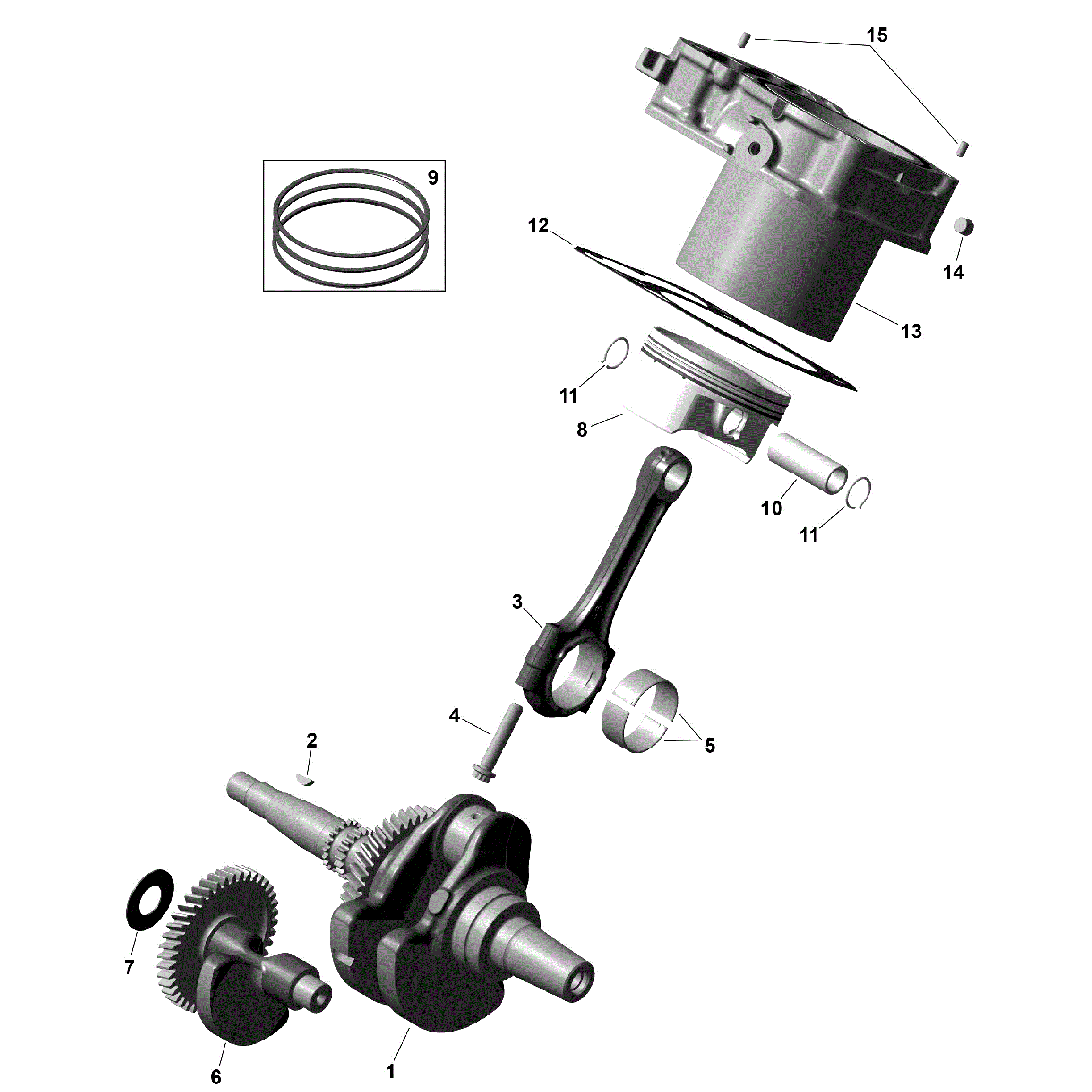 An Image of a Genuine Can-Am Parts Schematic Diagram showing the schematic - ROTAX - CRANKSHAFT PISTONS AND CYLINDER