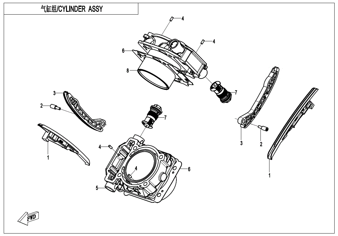 Exploded diagram of the Tensioner Assembly by CF Moto, showing labeled OEM parts such as guides, bolts, and cover. Each part is numbered for reference—find replacements at Witchdoctors.com for your UTV or ATV.