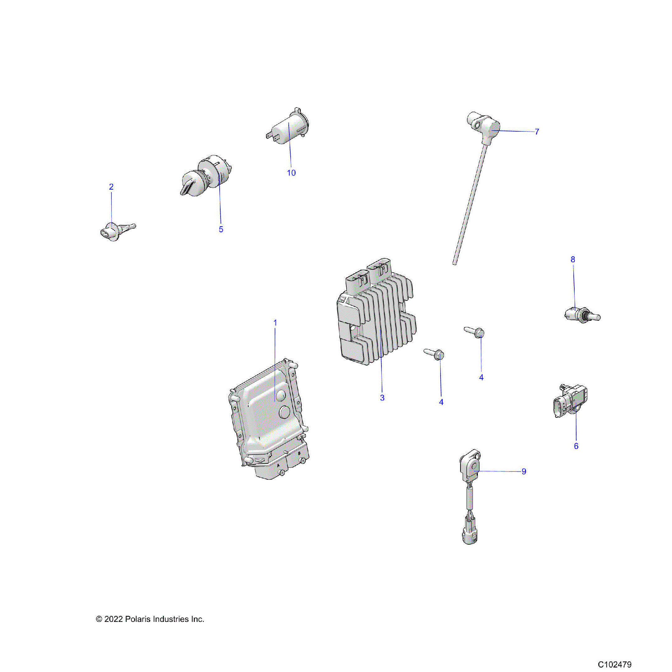 An Image of a Genuine Polaris Parts Schematic Diagram showing the schematic - ELECTRICAL: SWITCHES SENSORS ECU and CONTROL MODULES - 2024 POLARIS SPORTSMAN XP 1000 HIGH LIFTER