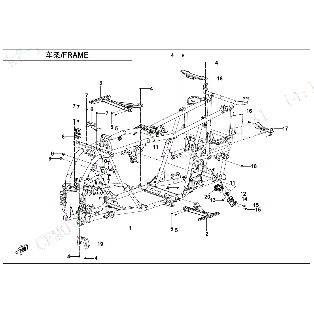 An Image of a genuine CFMOTO Parts Schematic Diagram showing the group - FRAME - 2025 CFMOTO CFORCE 400