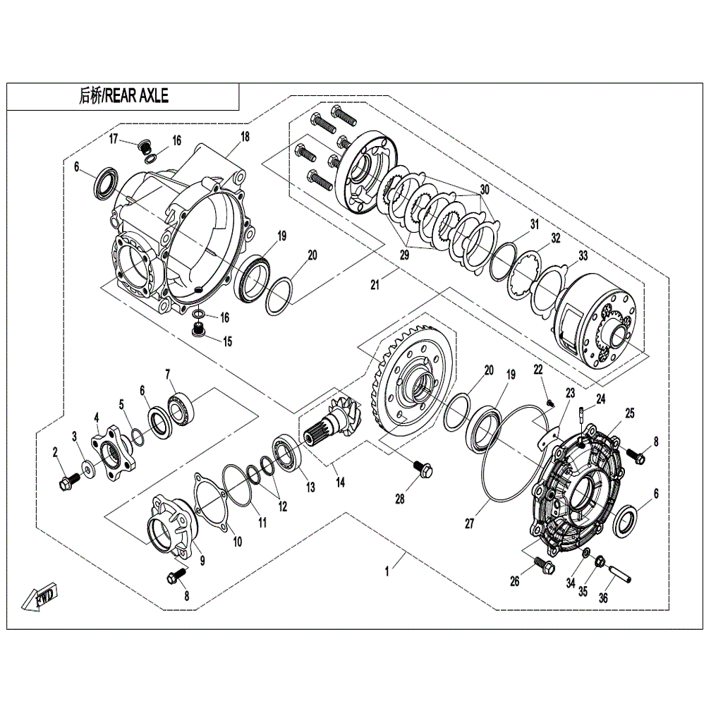 An Image of a Genuine CFMOTO Parts Schematic Diagram showing the schematic - REAR AXLE (WITH DIFFERENTIAL) - 2022 CFMOTO UFORCE 600