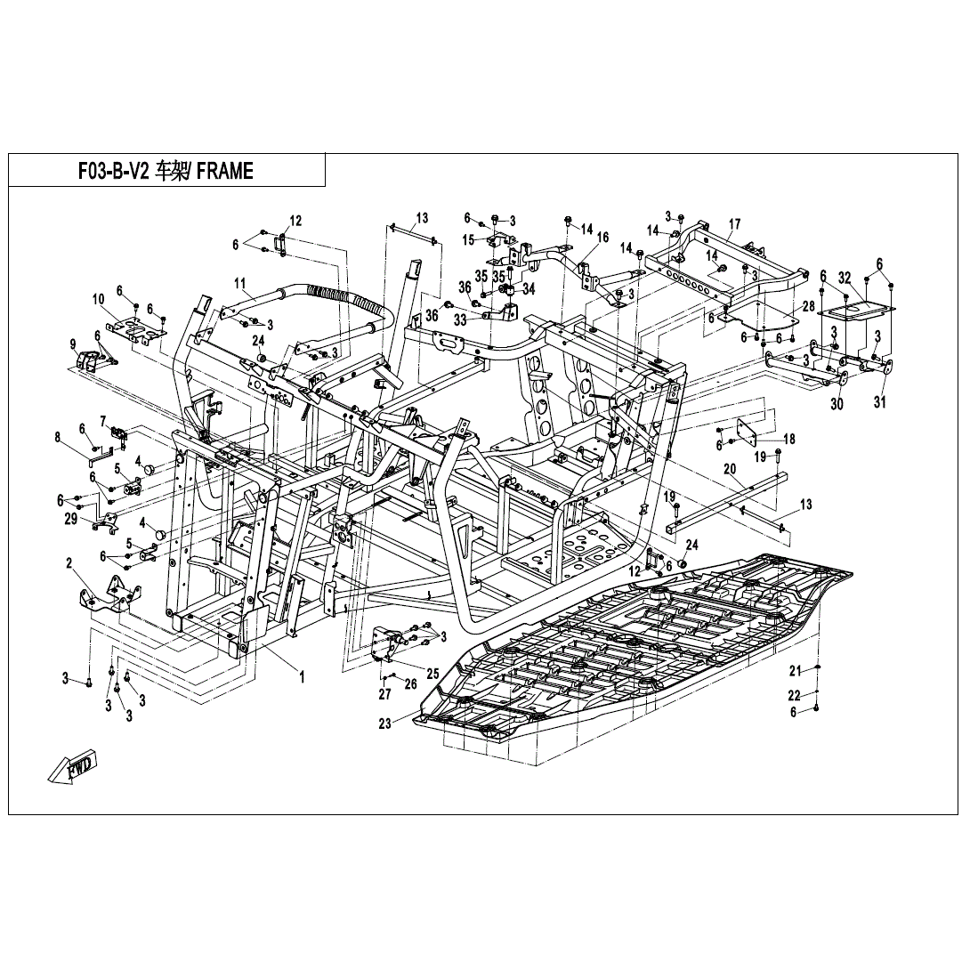An Image of a Genuine CFMOTO Parts Schematic Diagram showing the schematic - FRAME - 2020 CFMOTO UFORCE 500