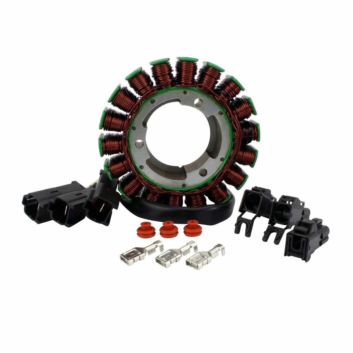Circular copper coil stator with black plastic connectors and metal terminals laid out on white background.
