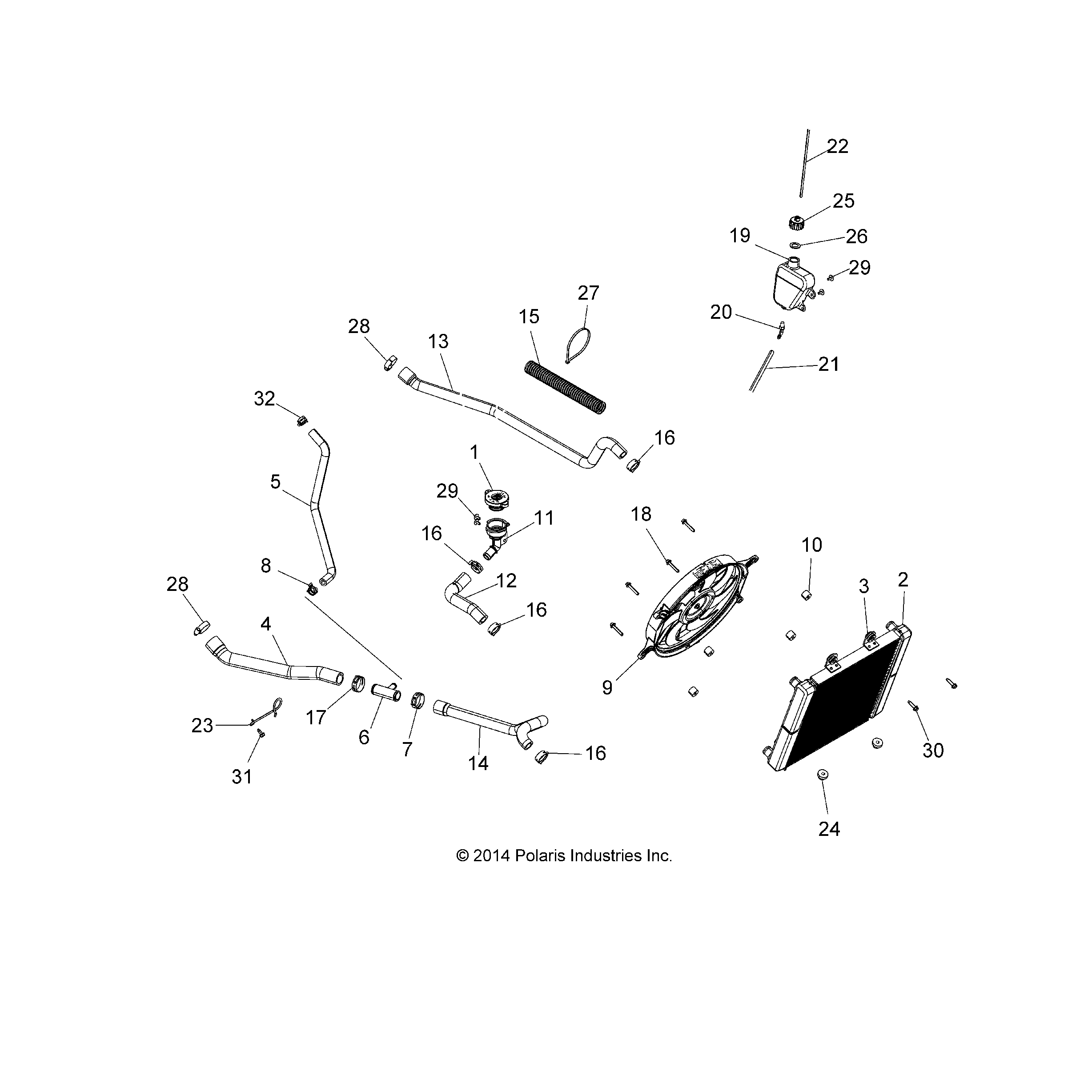 An Image of a Genuine Polaris Parts Schematic Diagram showing the schematic - ENGINE: COOLING SYSTEM - 2016 POLARIS SPORTSMAN 570 EFI UTE HD