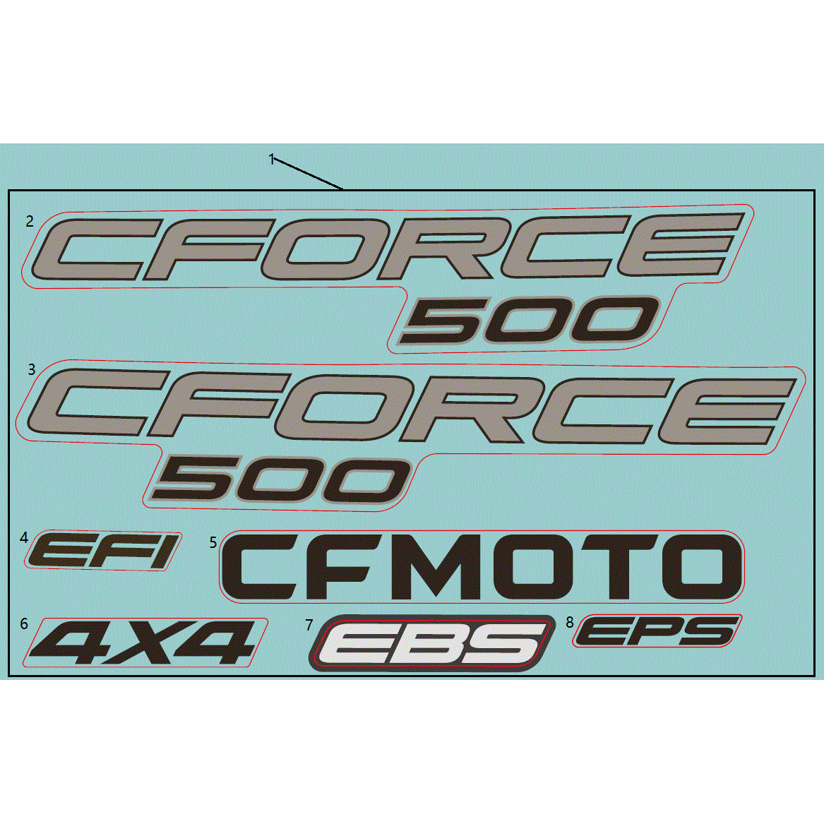 An Image of a genuine CFMOTO Parts Schematic Diagram showing the group - DECAL KIT (NA - 2023 CFMOTO CFORCE 500