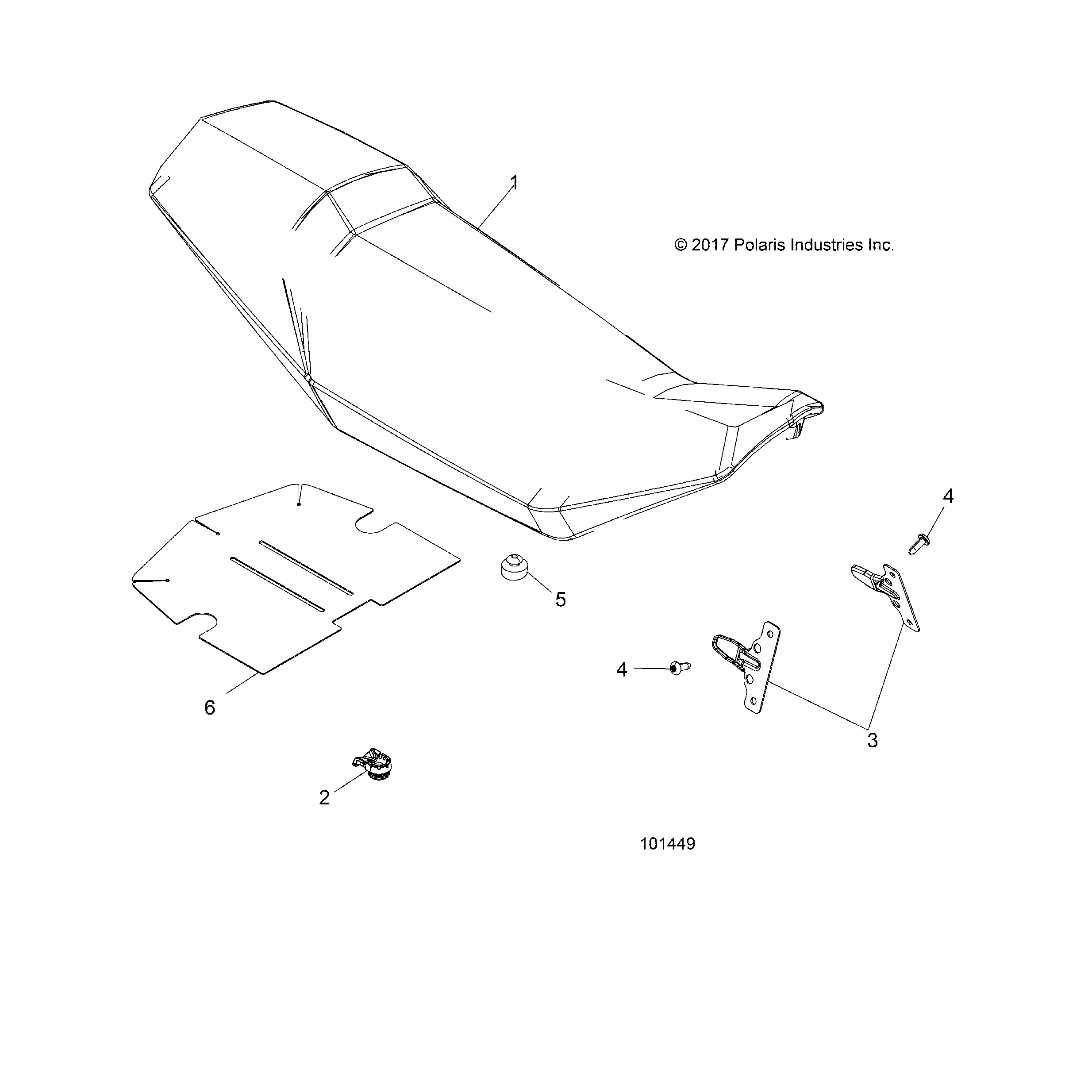 An Image of a Genuine Polaris Parts Schematic Diagram showing the schematic - BODY: SEAT - 2018 POLARIS SCRAMBLER XP 1000