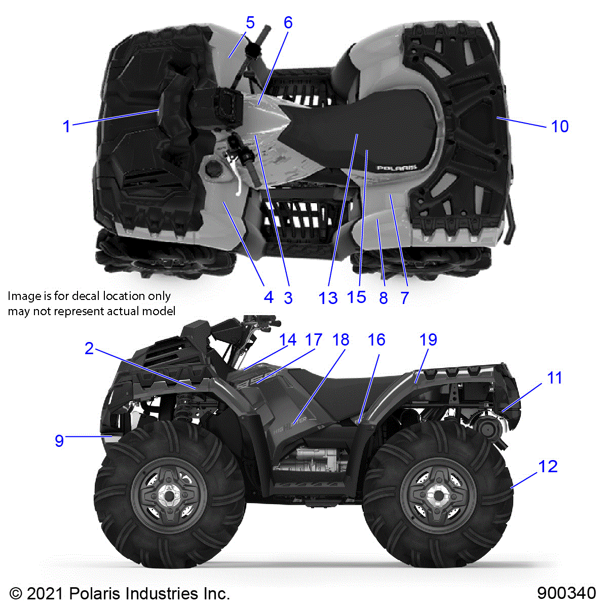 An Image of a Genuine Polaris Parts Schematic Diagram showing the schematic - BODY: DECALS - 2022 POLARIS SPORTSMAN 850 HIGH LIFTER