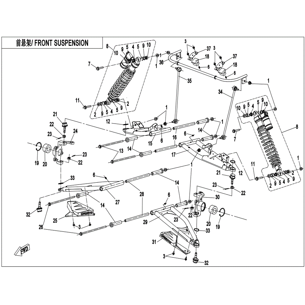 An Image of a Genuine CFMOTO Parts Schematic Diagram showing the schematic - FRONT SUSPENSION - 2022 CFMOTO ZFORCE 800 EX