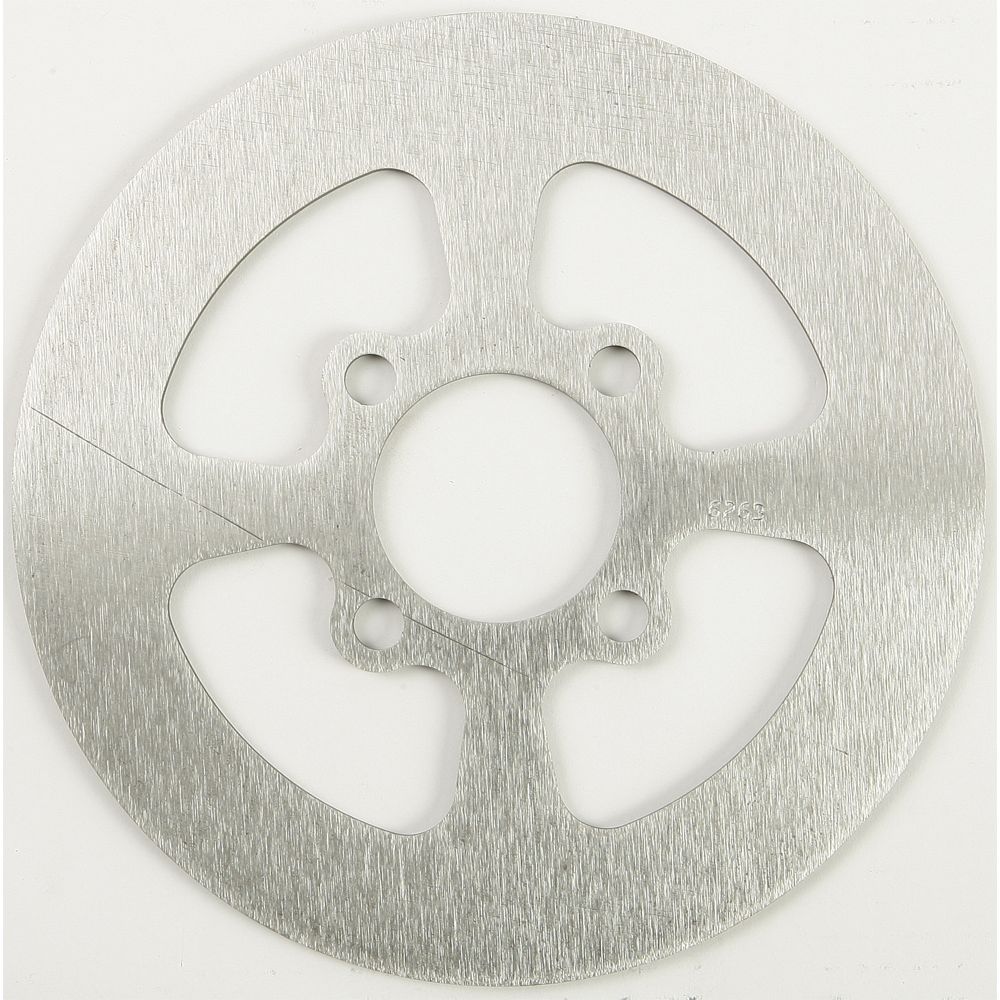 Silver round metal brake rotor with five cutout sections and five mounting holes.