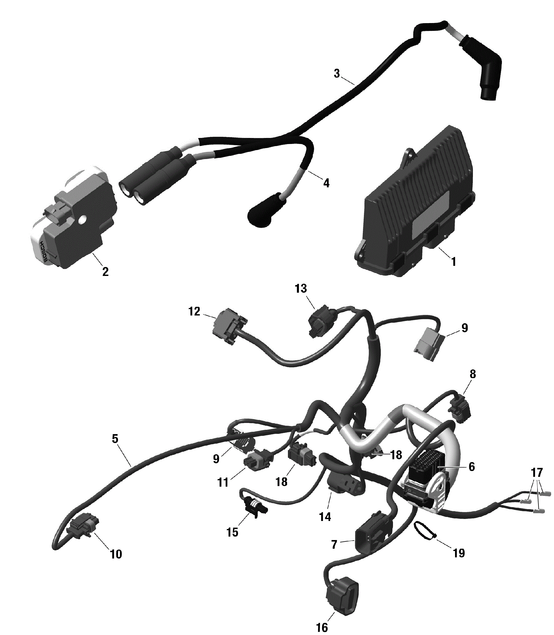An Image of a Genuine Can-Am Parts Schematic Diagram showing the schematic - ROTAX - ENGINE HARNESS AND ELECTRONIC MODULE