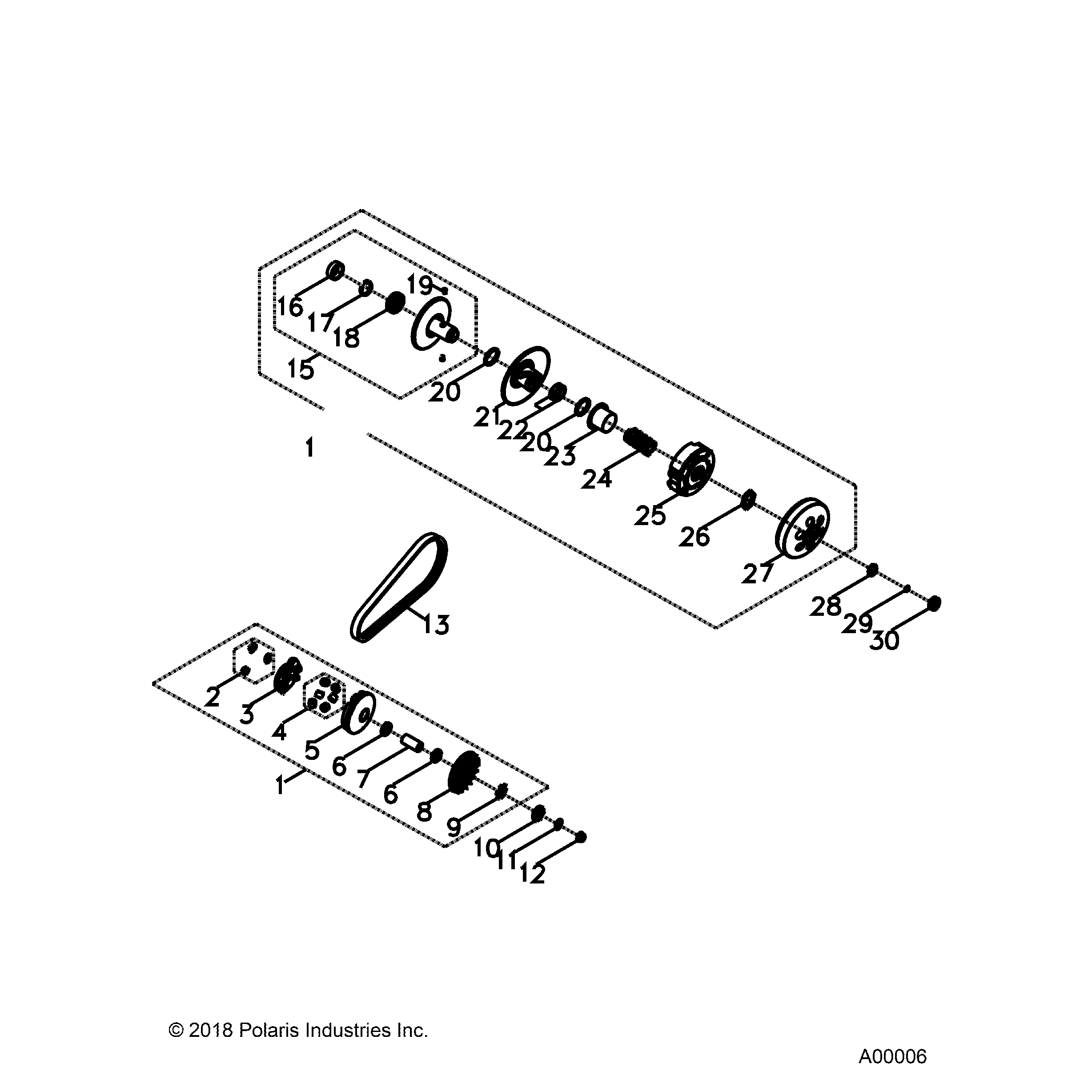 An Image of a Genuine Polaris Parts Schematic Diagram showing the schematic - DRIVE TRAIN: PRIMARY AND SECONDARY CLUTCHS - 2020 POLARIS OUTLAW 110