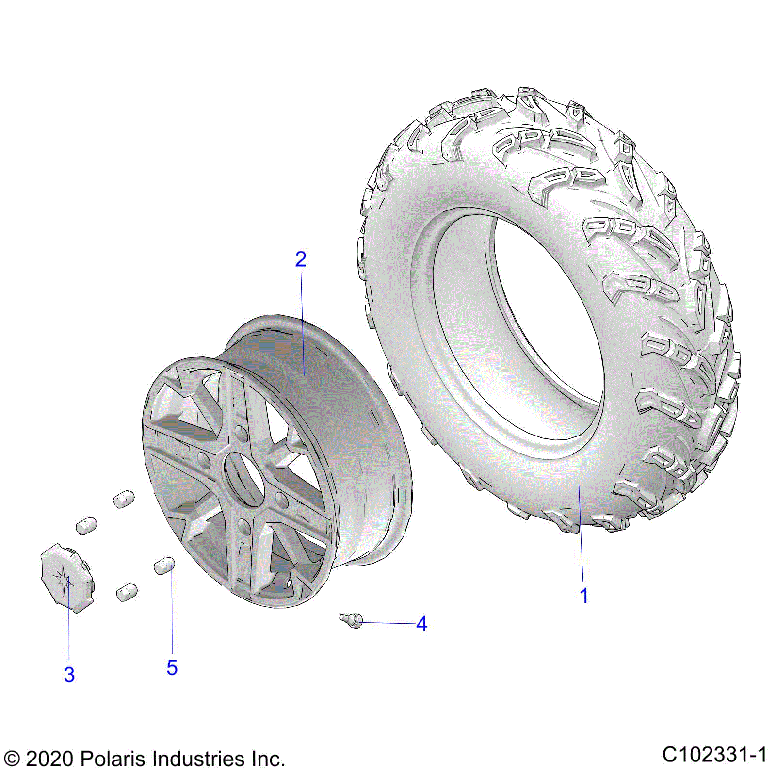 An Image of a Genuine Polaris Parts Schematic Diagram showing the schematic - WHEELS: FRONT - 2022 POLARIS SPORTSMAN 850 EPS 48"