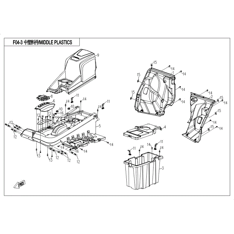An Image of a Genuine CFMOTO Parts Schematic Diagram showing the schematic - BOTTOM PLASTICS - 2018 CFMOTO UFORCE 800