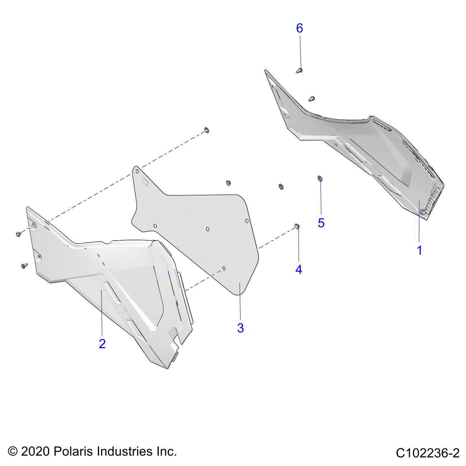 An Image of a Genuine Polaris Parts Schematic Diagram showing the schematic - BODY: SIDE PANELS - 2020 POLARIS SPORTSMAN 570 6X6