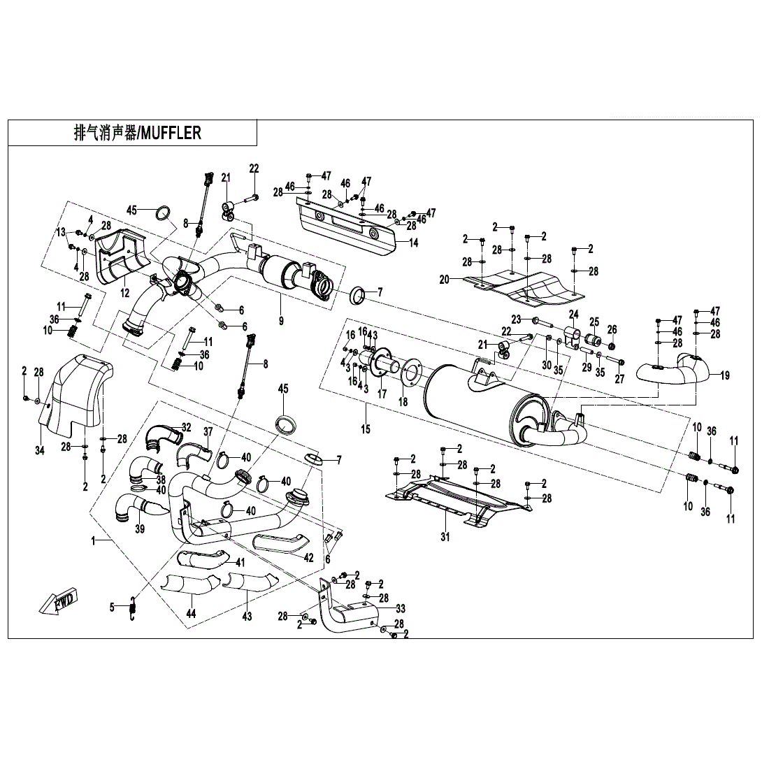An Image of a Genuine CFMOTO Parts Schematic Diagram showing the schematic - MUFFLER - 2024 CFMOTO UFORCE 1000